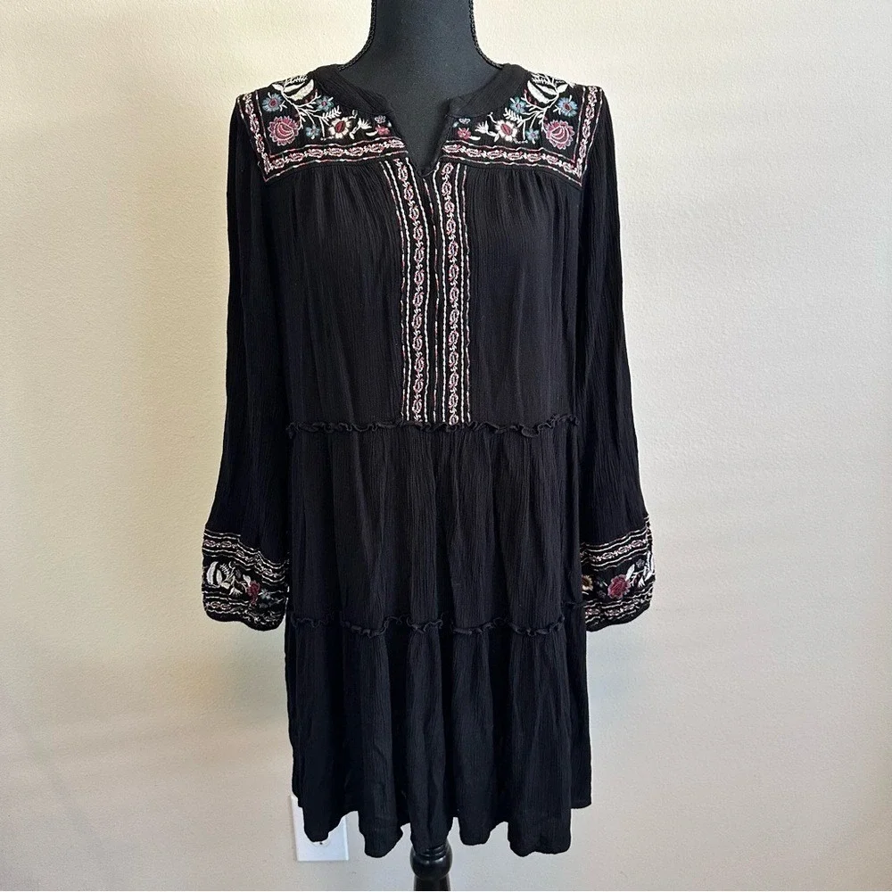Embroidered Boho Peasant Dress L Black Floral Long Sleeve Midi‎ Cottage Festival